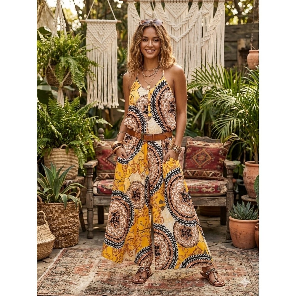 Unbranded Baroque Medallion Jumpsuit‎ Women XL Yellow Wide Leg Pockets